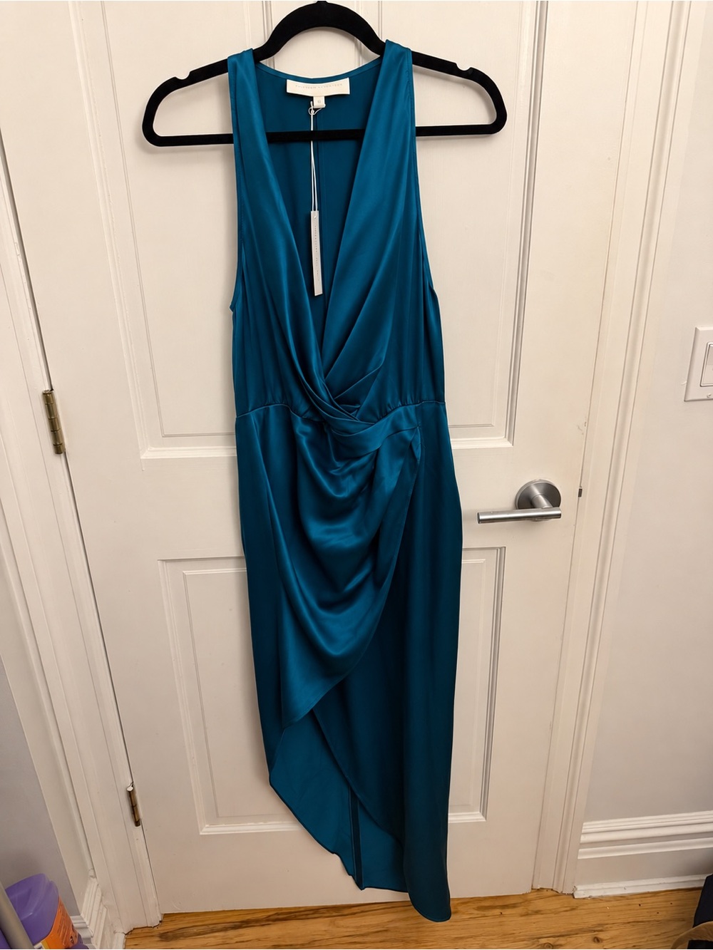Michelle Mason 100% Silk Teal Draped V-Neck Dress